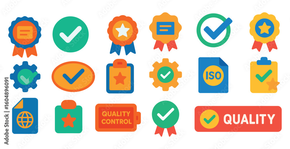 Poster collection of symbols and icons that represent quality control and iso standards. the symbols includ