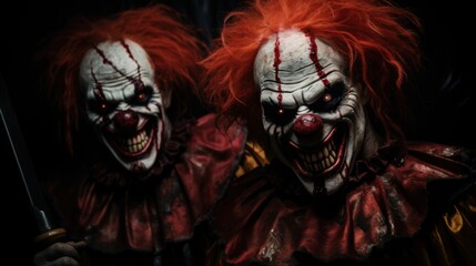 Two scary clowns in the dark. Halloween. Horror film. Halloween. Horror film. Halloween theme. Evil Clown. Horror movie Concept. Halloween Concept with Copy Space.