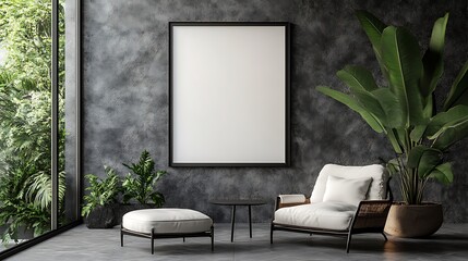 Stylish Interior with White Chair, Frame, Green Plants, and Textured Wall, Gray Floor