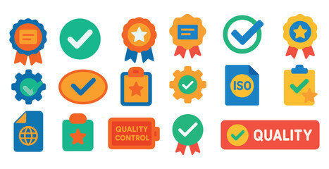 Collection of symbols and icons that represent quality control and ISO standards. The symbols include stars, checkmarks, and a checkbox. Scene is professional and focused on quality assurance