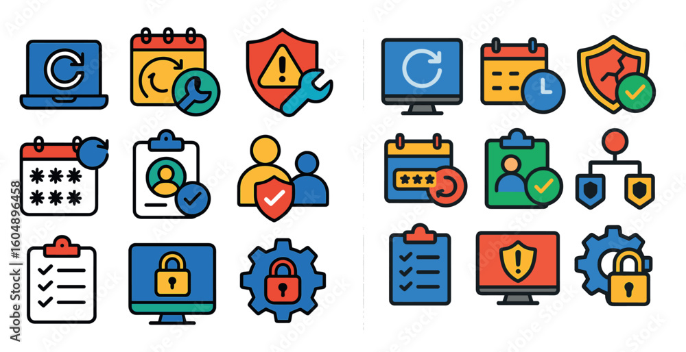 Poster set of icons for a computer program. the icons include a calendar, a clock, a person, a laptop, a se