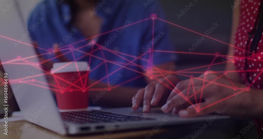 Poster woman typing on laptop when red network overlay pulsing over keys and cup for data analysis