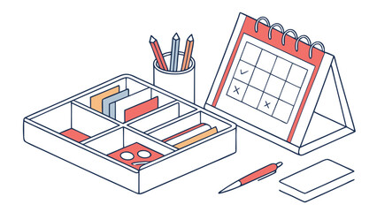 Organized desk setup featuring a calendar with marked dates a desk organizer with stationery pencils and a pen symbolizing productivity and planning