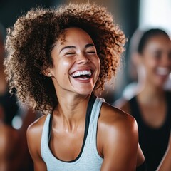 A woman laughing in a gym