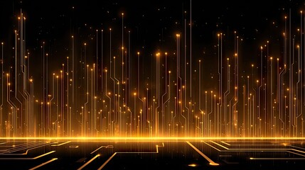 Golden circuit board design with glowing lines and particles.