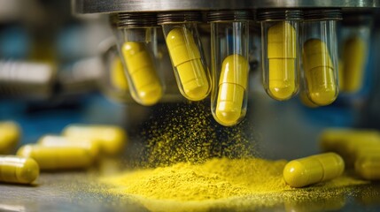 Yellow capsules dispensed from a machine, onto a powder