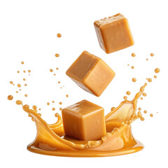 Delicious caramel cubes splashing into molten caramel sauce isolated on transparent background