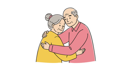An elderly couple embraces, symbolizing love and connection.