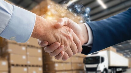 Business deal engagement warehouse setting corporate handshake professional environment close-up view trust building