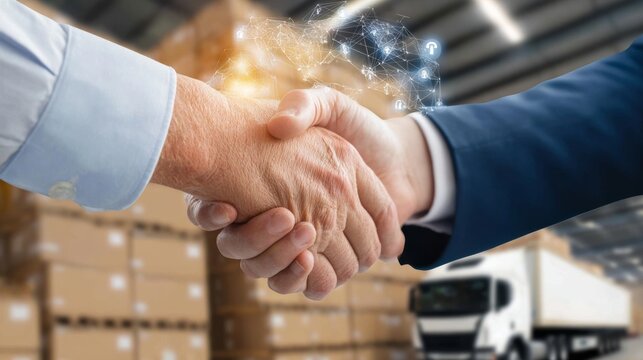 Business deal engagement warehouse setting corporate handshake professional environment close-up view trust building