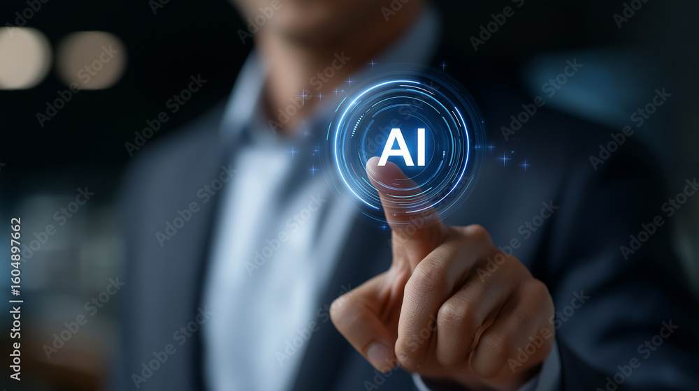 Poster businessman using ai for smart automation and digital communication