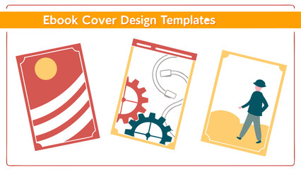 Collection of three distinct ebook cover design templates featuring abstract graphics mechanical gears and a stylized human figure illustration