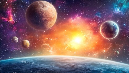 Vivid Galaxy View with Planets, Star Clusters, and Celestial Lights Displayed Above Earth