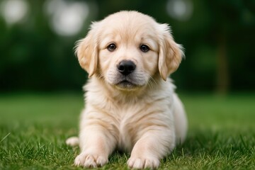 Adorable Golden Retriever Puppy Lying on Fresh Green Grass in Park Setting on a Sunny Day