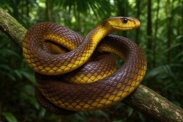 Obraz premium Taipan snake resting on a jungle branch, wildlife in nature