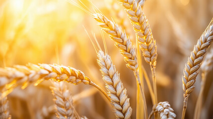 Close-up view of golden wheat ears glowing in sunlight at harvest time. Agricultural crop concept with warm natural tones.