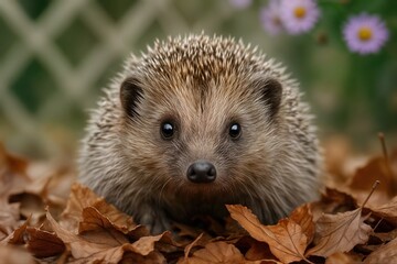 Fototapeta premium Adorable Hedgehog Amidst Autumn Foliage with Vibrant Flowers and Lattice in Background Captures Seasonal Charm
