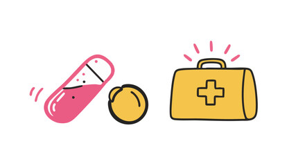A visual representation of medical essentials: a pill, a capsule, and a first aid kit.