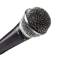 Close up of a professional silver and black microphone with a metallic grille isolated on transparent background