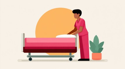 Nurse Adjusting Hospital Bed with Minimalist Background Design