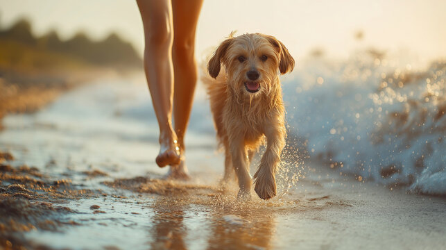 Wet dog joyfully running along the beach near splashing waves at golden hour with a person walking beside. Lively summer coastal scene. - Powered by Adobe