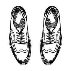 A pair of classic men's dress shoes in a hand-drawn style. The shoes are black with laces and a polished finish, suitable for formal occasions.