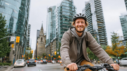 Smiling young man riding bicycle in modern city with glass buildings and traffic around. Urban lifestyle and eco transport concept.