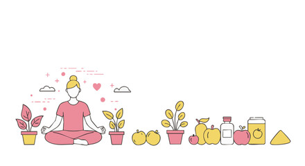 Fototapeta premium A woman meditating and surrounded by fresh fruits and plants.