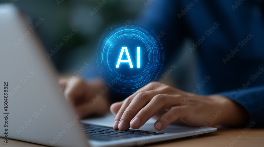 Poster close-up of person using laptop with ai assistant interface
