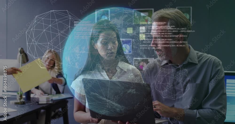 Poster tech team pointing keyboard initiating data overlays, delivering folder and analyzing data