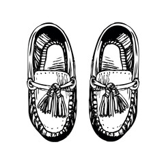 A pair of traditional moccasin shoes with tassels. The shoes are hand-drawn in black and white, showcasing intricate stitching and a classic design.