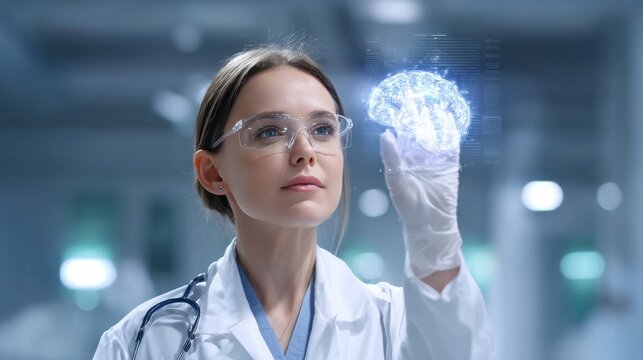 Innovative medical research action laboratory image of scientist with holographic brain clinical environment close-up technology concept