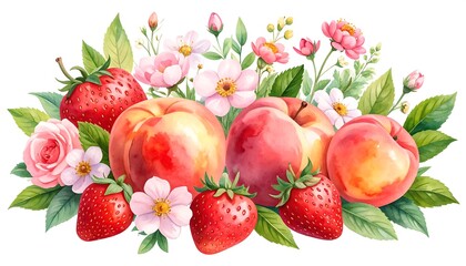 Watercolor illustration of ripe fruit and flowers