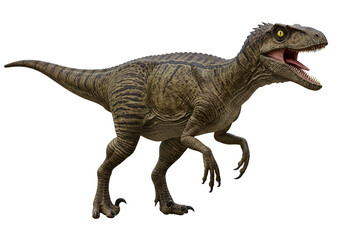 Fototapeta premium Full-Body Rendering of a Realistic Velociraptor Dinosaur in Predatory Stance with Striped Brown and Green Skin on Transparent Background