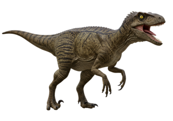 Full-Body Rendering of a Realistic Velociraptor Dinosaur in Predatory Stance with Striped Brown and Green Skin on Transparent Background