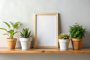 A wooden frame with potted plants sits on a shelf against a wall