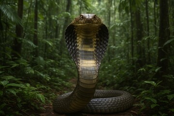 Fototapeta premium Powerful cobra standing tall in a dark, dense forest