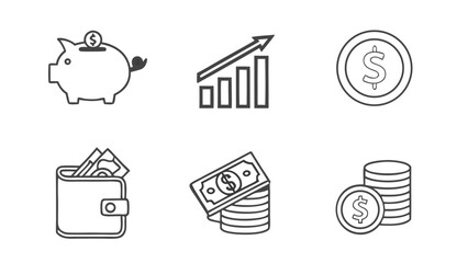 A collection of six simple line art icons representing financial concepts including saving growth currency and wealth management