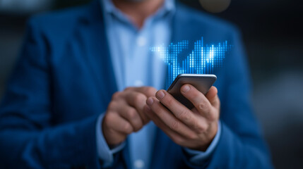 Businessman Using Smartphone for Digital Marketing and Data Visualization