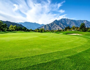 Lush green golf course with mountains in the background