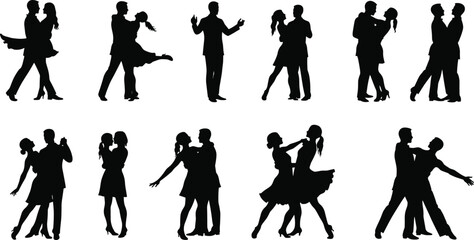 Couple dancing silhouette, romantic partner movement, elegant pose sketch, ballroom dance art, love expression, black vector illustration, graceful celebration scene