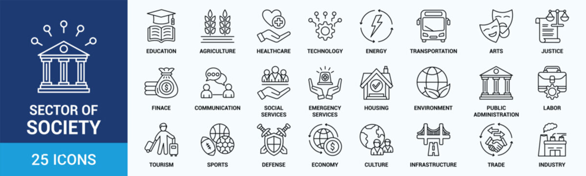 Sector of society icon set. Containing agriculture, education, healthcare, energy, technology, transportation, arts, justice and more. Outline vector icons collection.