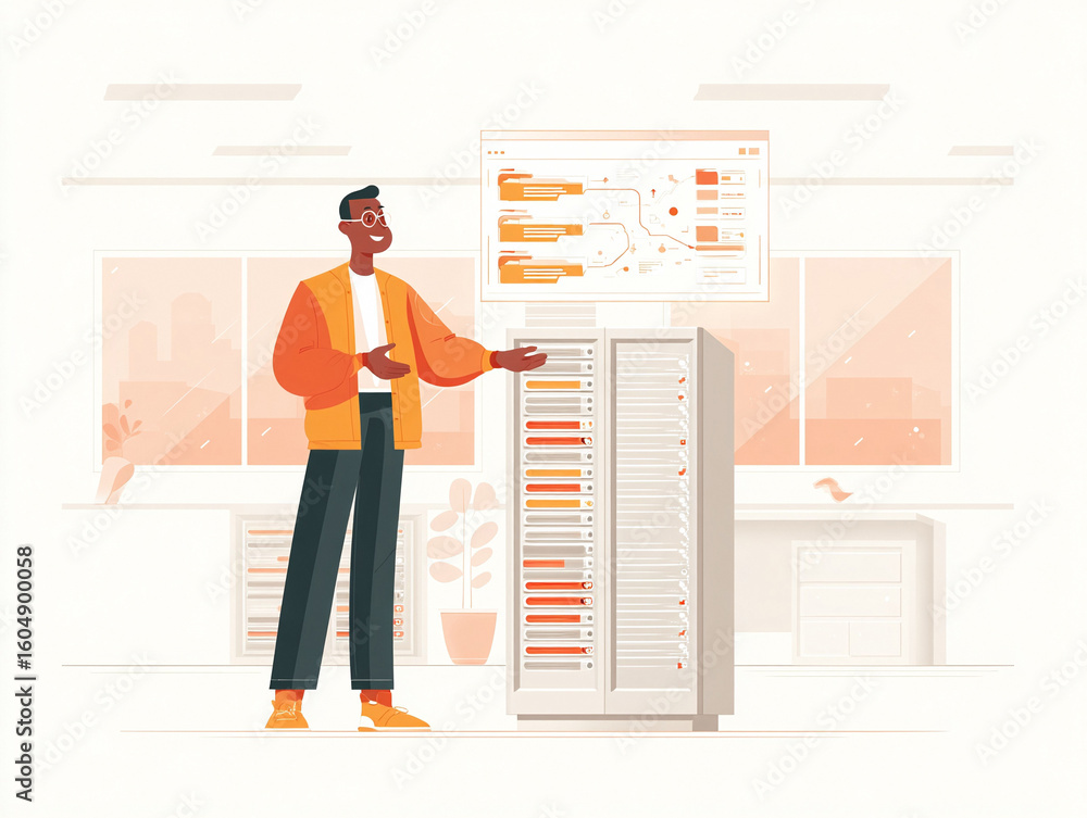 Poster an illustration of a data center engineer explaining server infrastructure and data flow. great for 