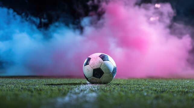 Fototapeta The soccer ball surrounded by colorful smoke on the playing field.