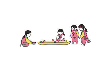 Illustration of four children in traditional attire engaging in an activity, demonstrating the beauty of play and cultural heritage.