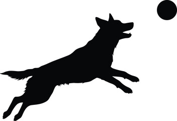 Energetic dog silhouette jumping, catching ball midair, vector illustration, playful pet moment, dynamic motion, black design, minimal animal artwork, fun