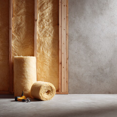 Wall insulation material with exposed wooden framing and safety glasses. Concept home improvement, energy efficiency, DIY, construction. Space for text.