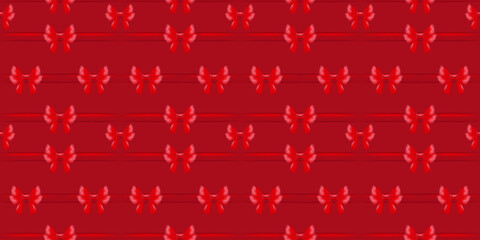 Festive red seamless pattern with decorative satin ribbon and realistic glossy bow. Classic celebratory style in rich red color.