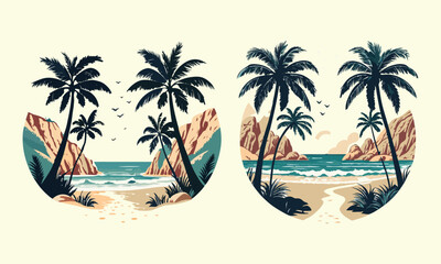 Tropical Beach & Summer Vacation Illustrations: Palm Trees, Sun, and Holiday Icons