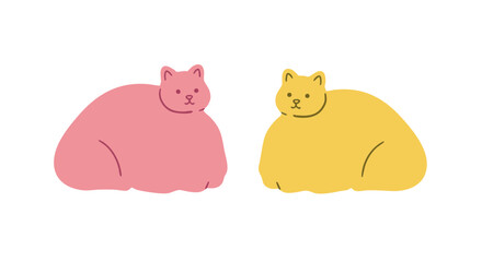 Two stylized, colored cat illustrations, side by side, each in a lounging pose. 